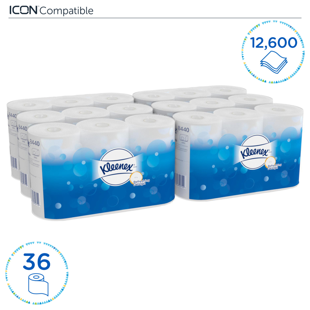 Rouleaux de papier toilette Kleenex® 8440 - 3 plis - 36 rouleaux x 350 feuilles blanches (12 600 feuilles au total) - 8440