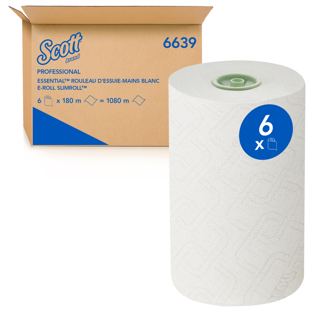 Rouleaux d'essuie-mains Scott® Essential™ Slimroll™ 6639 - rouleaux d'essuie-mains en papier E-Roll - 6 x rouleaux d'essuie-mains en papier blanc de 180 m (1 080 m au total) - 6639