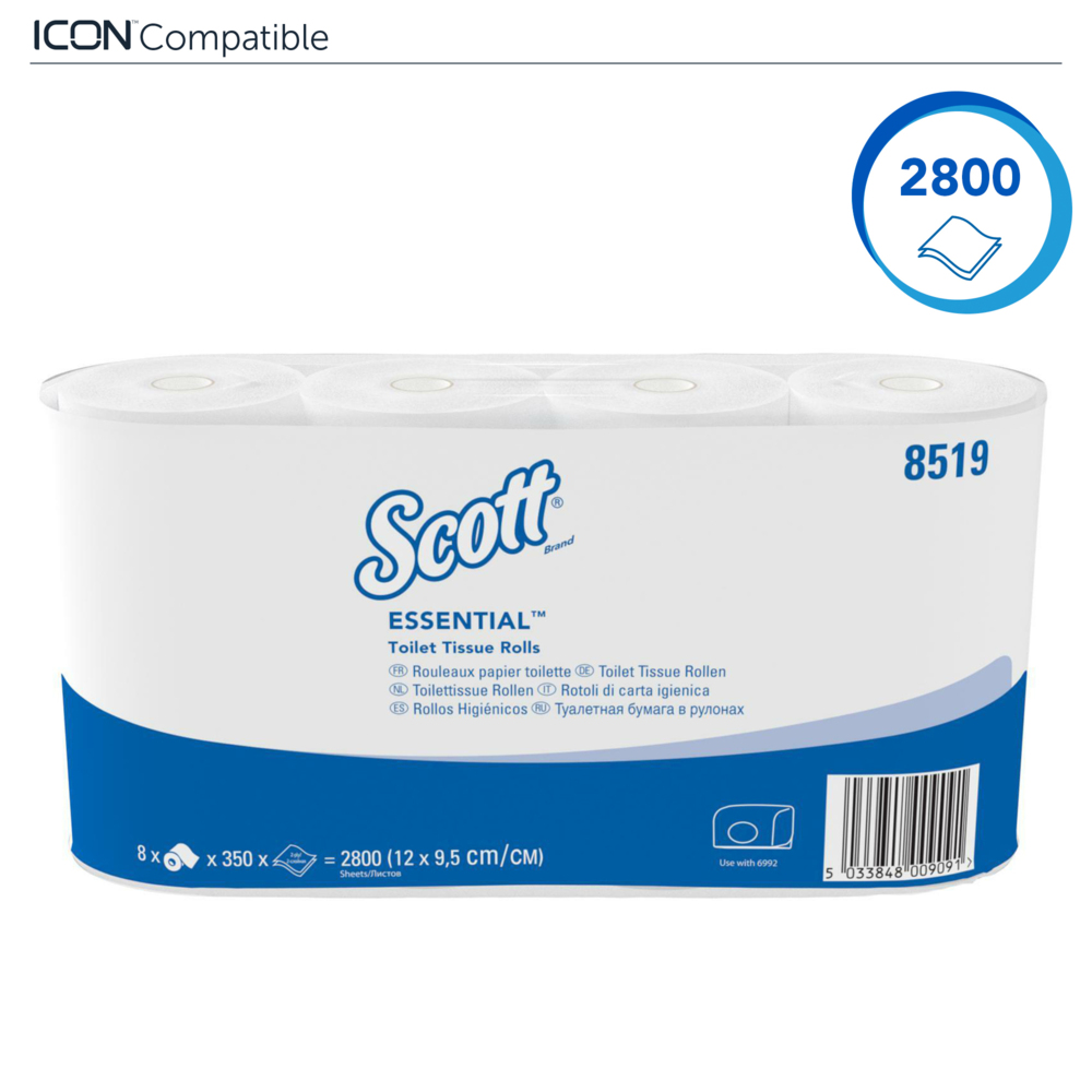 Papier toilette en rouleau standard Scott® Essential™ 8519 - 2 plis - 64 rouleaux de 350 feuilles blanches (22 400 feuilles au total) - 8519