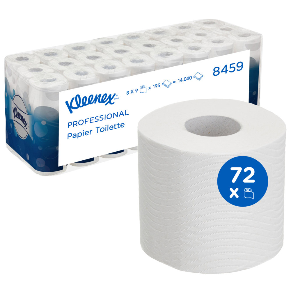 Kleenex® rollen toiletpapier 8459 - 3-laags toiletpapier - 8 pakketten met 9 toiletrollen x 195 witte vellen toilettissue (72 rollen / 14040 vellen) - 8459