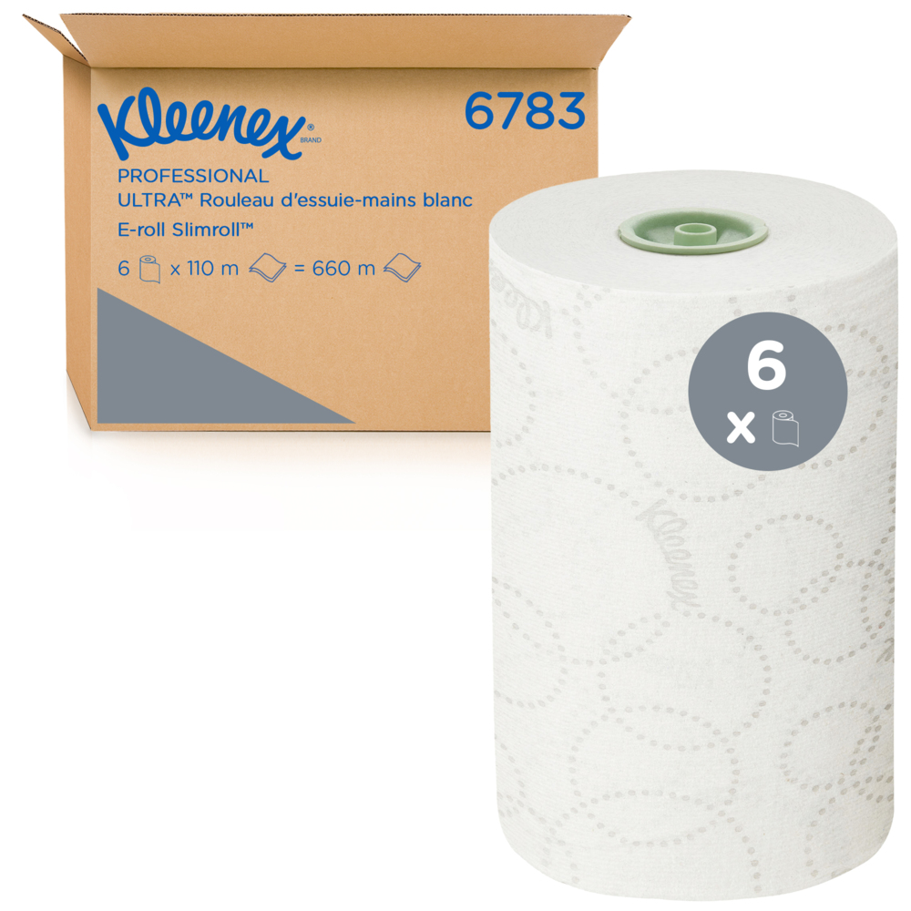 Rouleaux d'essuie-mains Kleenex® Ultra™ Slimroll™ 6783 - rouleaux d'essuie-mains en papier 2 plis E-Roll - 6 x rouleaux de 110 m d'essuie-mains en papier blanc (660 m au total) - 6783