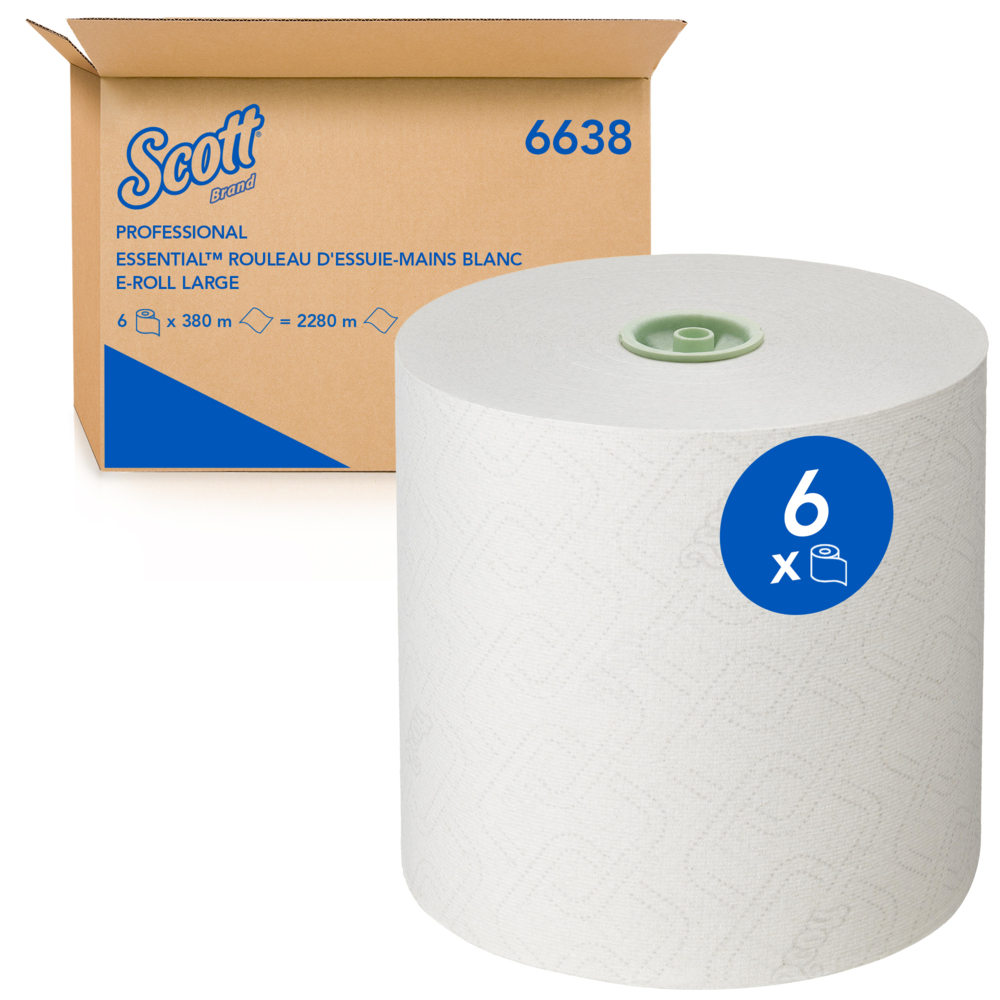 Rouleaux d'essuie-mains Scott® Essential™ 6638 - Rouleaux d'essuie-mains en papier E-Roll grand format - 6 x rouleaux de 380 m d'essuie-mains en papier blanc (2 280 m au total) - 6638