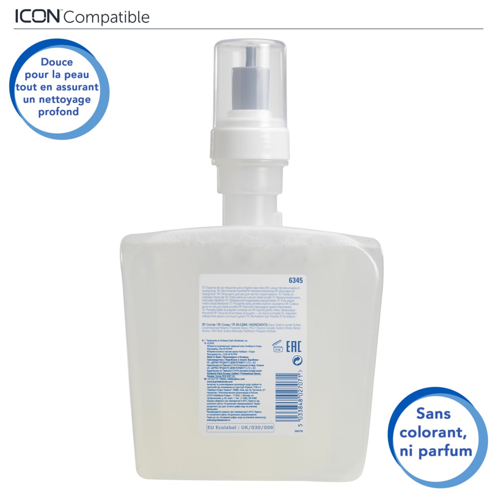 Savon mousse à usage fréquent pour les mains Scott® Control™ 6345 - savon mousse non parfumé pour les mains - 4 recharges x 1,2 litre de savon mousse transparent pour les mains (4,8 litres au total) - 6345