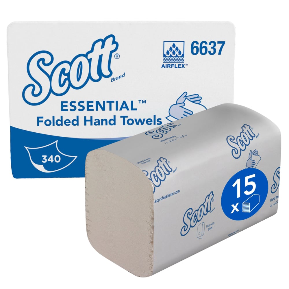 Scott® Essential™ Compact Interfolded Hand Towels 6637 - 15 packs x 340 white, 1 ply sheets, small - 6637