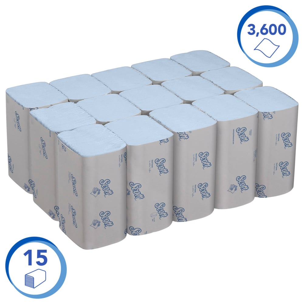 Secamanos interplegados Scott® Control™ 6682 - Papel secamanos azul - 15 paquetes x 240 unidades de papel secamanos plegado en V (3600 en total) - 6682