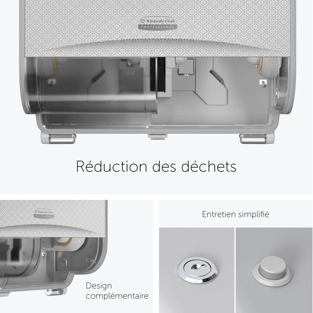 Distributeur de papier toilette standard Kimberly-Clark Professional™ ICON™ horizontal à 2 rouleaux (53655), boîtier gris avec façade Mosaïque Argentée ; 1 distributeur et façade par colis - 53655