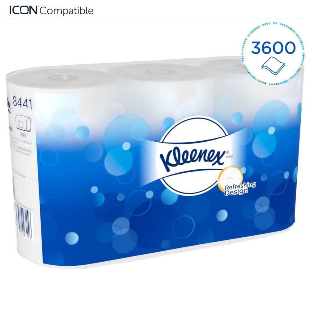 Kleenex® Essential™ Papel higiénico en rollo estándar 8441, 36 rollos x 600 hojas blancas de 2 capas (21600 hojas) - 8441