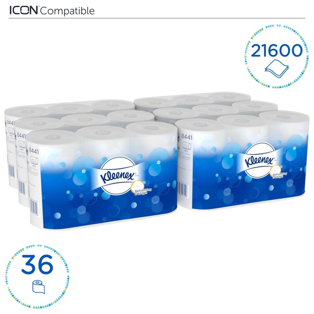Kleenex® Essential™ Papel higiénico en rollo estándar 8441, 36 rollos x 600 hojas blancas de 2 capas (21600 hojas) - 8441