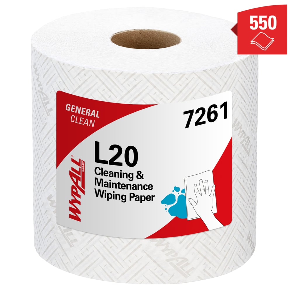 Essuyeur en papier WypAll® L20 General Clean™ pour le nettoyage et l'entretien 7261 - Bobines à dévidage central 2 épaisseurs - 6 bobines blanches x 550 essuyeurs en papier (3 300 au total) - 7261