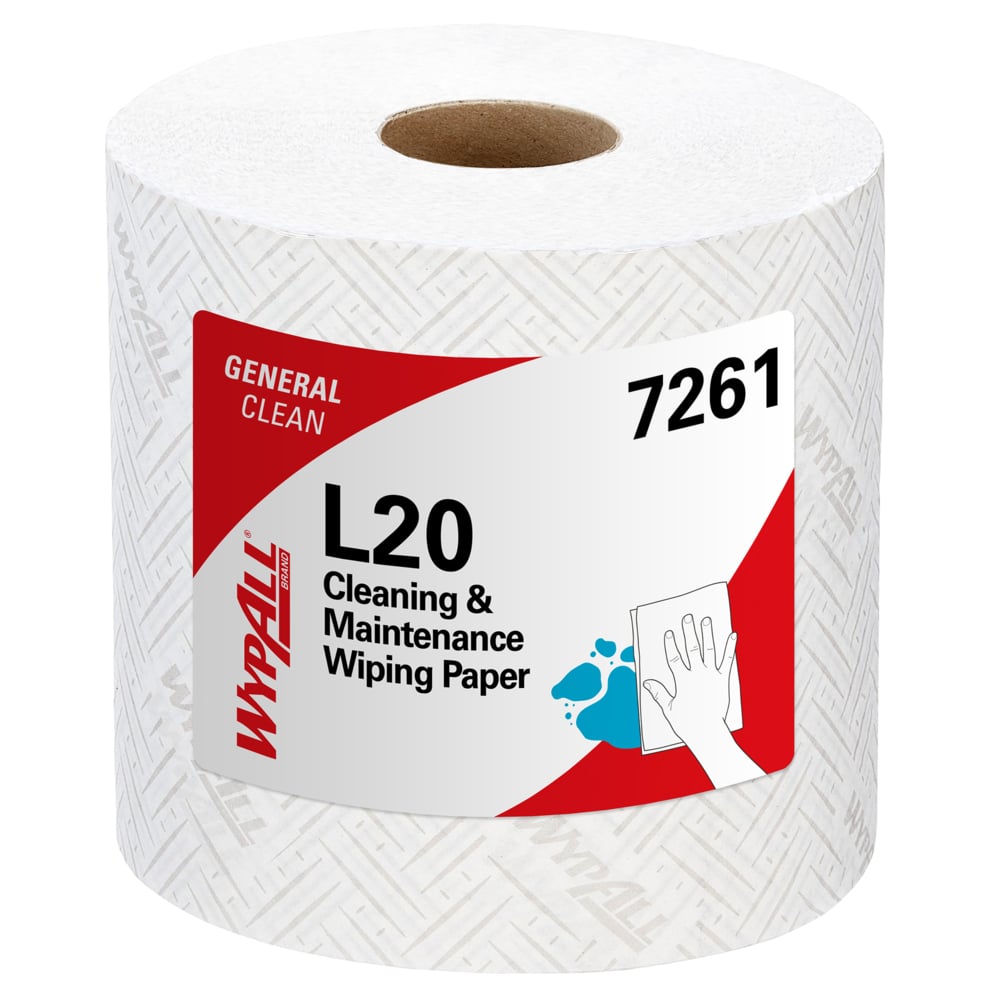 WypAll® L20 General Clean™ Cleaning and Maintenance Wiping Paper 7261 - 2 Ply Centrefeed Rolls - 6 Rolls x 550 White Paper Wipers (3,300 Total) - 7261