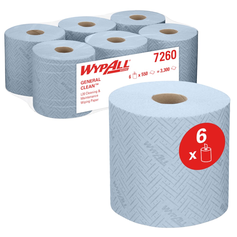 WypAll® L20 General Clean™ Cleaning and Maintenance Blue Wiping Paper 7260 - 2 Ply Centrefeed Rolls - 6 Blue Rolls x 550 Paper Wipers (3,300 Total) - 7260