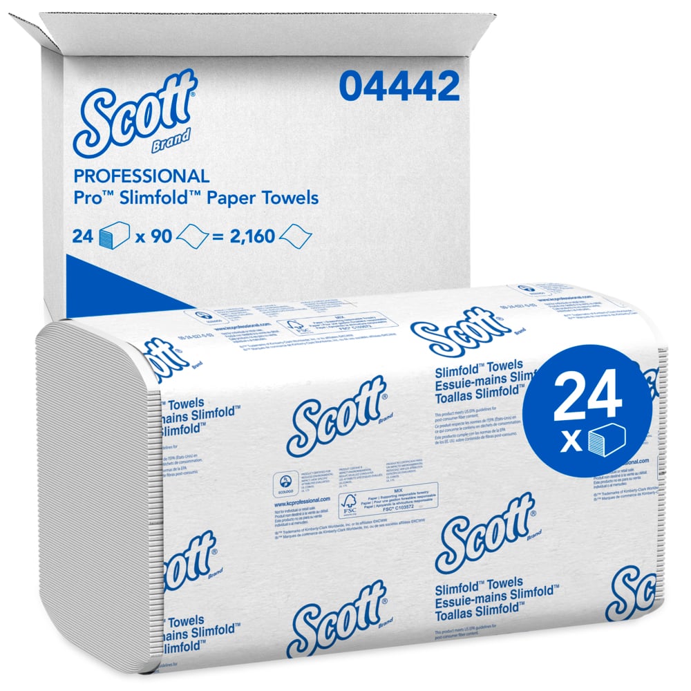 Scott® Pro™ Slimfold™ Paper Towels (04442), with Fast-Drying Absorbency Pockets™, for compatible Kimberly-Clark Professional™ Dispensers, White, (24 Packs/Case, 90 Sheets/Pack, 2,160 Sheets/Case) - 04442