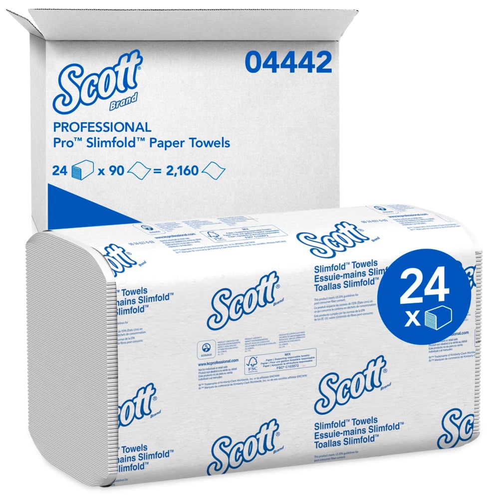 Essuie-mains Scott® Pro™ Slimfold™ (04442), avec technologie Absorbency Pockets™ pour séchage rapide, blancs, pour les distributrices Kimberly-Clark Professional™ compatibles (90 essuie-mains/paquet, 24 paquets/caisse, 2 160 essuie-mains/caisse) - 04442