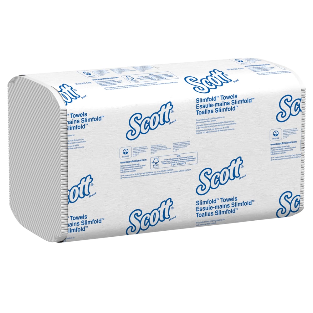 Essuie-mains Scott® Pro™ Slimfold™ (04442), avec technologie Absorbency Pockets™ pour séchage rapide, blancs, pour les distributrices Kimberly-Clark Professional™ compatibles (90 essuie-mains/paquet, 24 paquets/caisse, 2 160 essuie-mains/caisse) - 04442