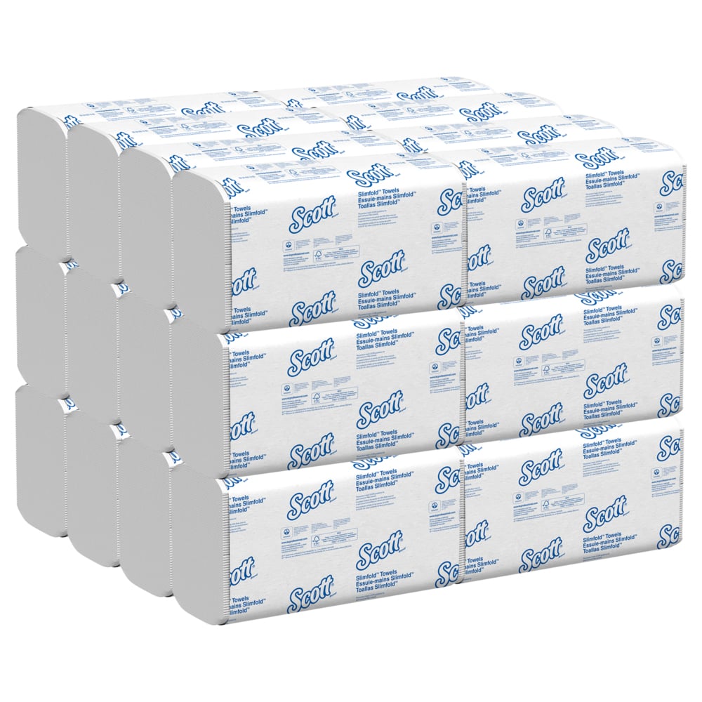 Essuie-mains Scott® Pro™ Slimfold™ (04442), avec technologie Absorbency Pockets™ pour séchage rapide, blancs, pour les distributrices Kimberly-Clark Professional™ compatibles (90 essuie-mains/paquet, 24 paquets/caisse, 2 160 essuie-mains/caisse) - 04442