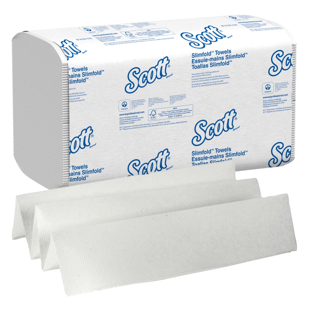 Essuie-mains Scott® Pro™ Slimfold™ (04442), avec technologie Absorbency Pockets™ pour séchage rapide, blancs, pour les distributrices Kimberly-Clark Professional™ compatibles (90 essuie-mains/paquet, 24 paquets/caisse, 2 160 essuie-mains/caisse) - 04442