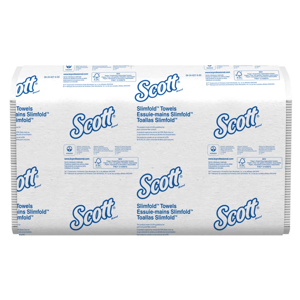 Essuie-mains Scott® Pro™ Slimfold™ (04442), avec technologie Absorbency Pockets™ pour séchage rapide, blancs, pour les distributrices Kimberly-Clark Professional™ compatibles (90 essuie-mains/paquet, 24 paquets/caisse, 2 160 essuie-mains/caisse) - 04442