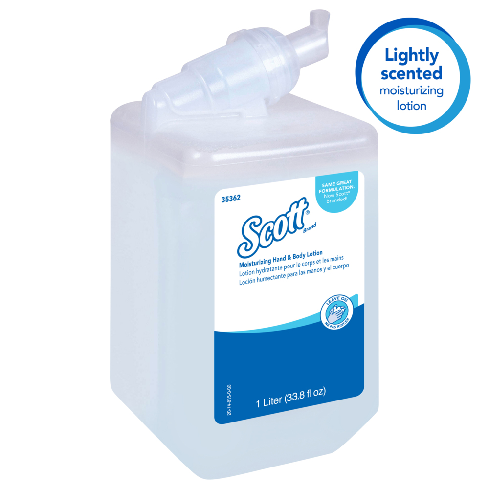 Scott® Moisturizing Hand and Body Lotion (35362), 1.0 L Manual Refills, White, Fresh Scent, NSF E-4 Rated, (6 Bottles/Case) - 35362