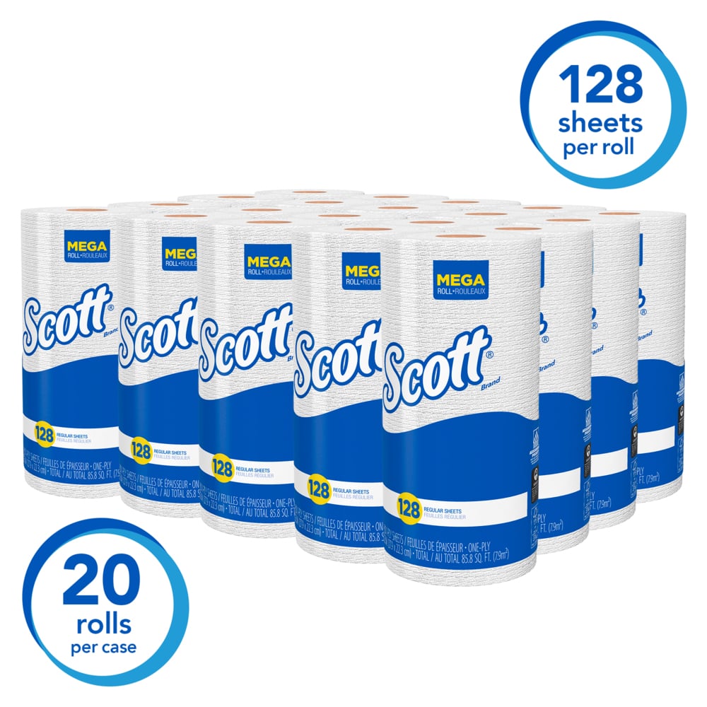 Scott® Kitchen Paper Towels (41482) with Fast-Drying Absorbency Pockets, Perforated Standard Paper Towel Rolls, 128 Sheets/Roll, 20 Rolls/Case - 41482