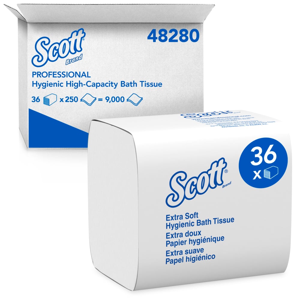 Papier hygiénique en feuille grande capacité Scott® (48280), 2 épaisseurs, blanc, distribution simple, (250 feuilles/paquet, 36 paquets/caisse, 9 000 feuilles/caisse)