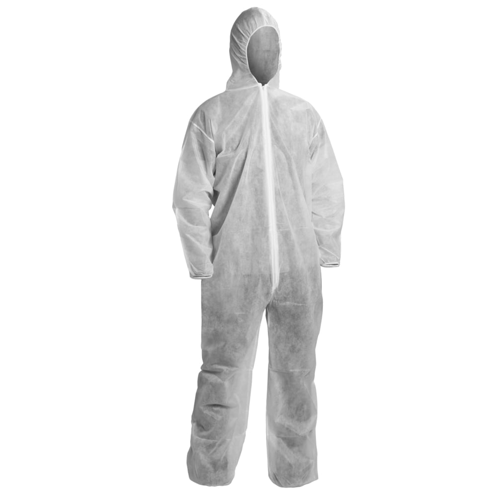 KleenGuard™ KGA10 Lightweight Coveralls for Non-Hazardous Particulate Protection (67308), Hooded, Zip Front, Elastic Wrists and Ankles, White, Medium (Qty 50) - 67308