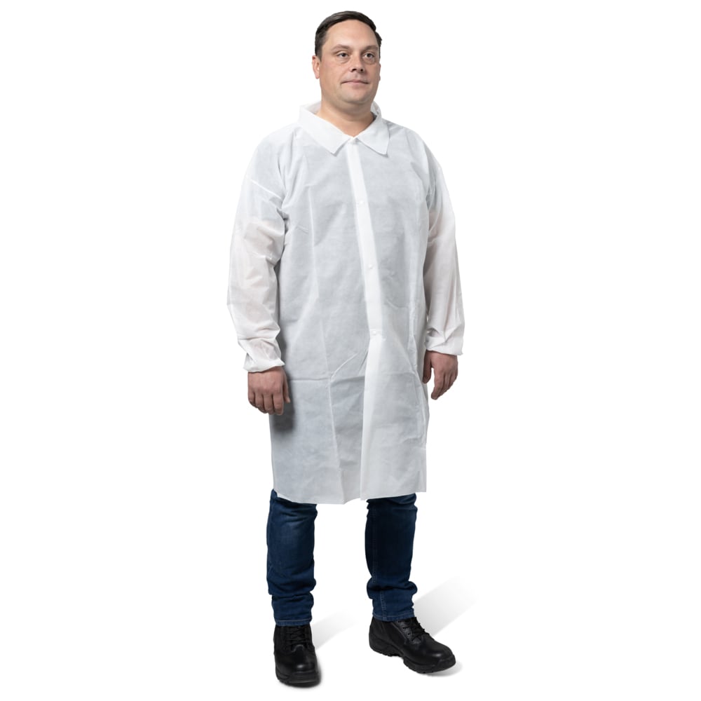 KleenGuard™ KGA10 Lightweight Lab Coat for Non-Hazardous Particulate Protection (67314), 4-Snap Closure, Elastic Wrists, No Pockets, White, Medium (Qty 50) - 67314