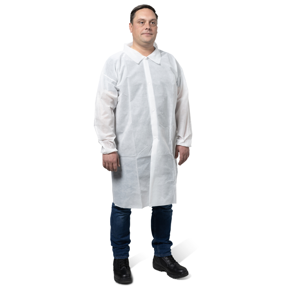 KleenGuard™ KGA10 Lightweight Lab Coat for Non-Hazardous Particulate Protection (67315), 4-Snap Closure, Elastic Wrists, No Pockets, White, Large (Qty 50) - 67315