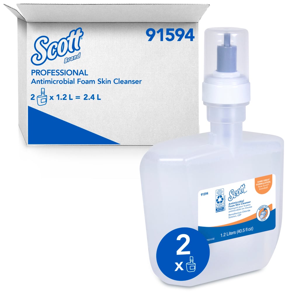 Scott® Antimicrobial Foam Skin Cleanser (91594), 1.2 L Refills, Clear, Unscented, 0.1% Benzalkonium Chloride (2 Bottles/Case) - 91594