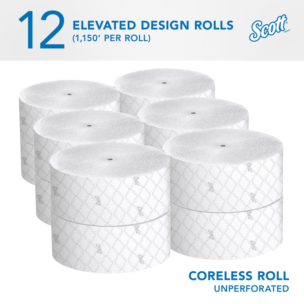 Scott® Coreless High-Capacity Jumbo Roll Toilet Paper (07006), with Elevated Design, 2-Ply, White, (1,150'/Roll, 12 Rolls/Case, 13,800'/Case) - 07006