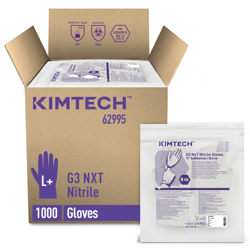 Kimtech™ G3 NxT Guanti ambidestri in nitrile 62995 - Bianco, L+, 10 confezioni x 100 guanti (1.000 guanti), lunghezza 30,5 cm - 62995