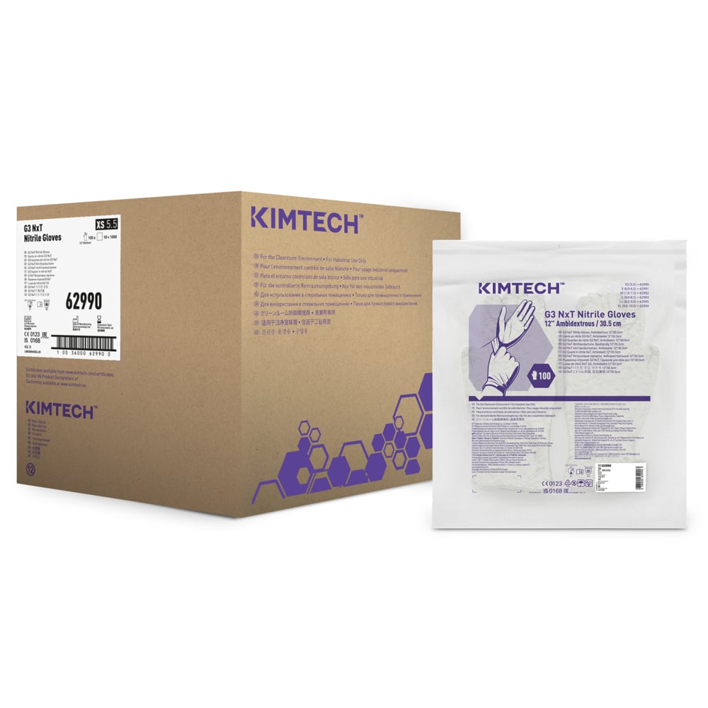 Gants ambidextres en nitrile Kimtech™ G3 NxT 62990 - Blanc, XS, 10 sachets de 100 gants (1 000 gants), longueur 30,5 cm - 62990