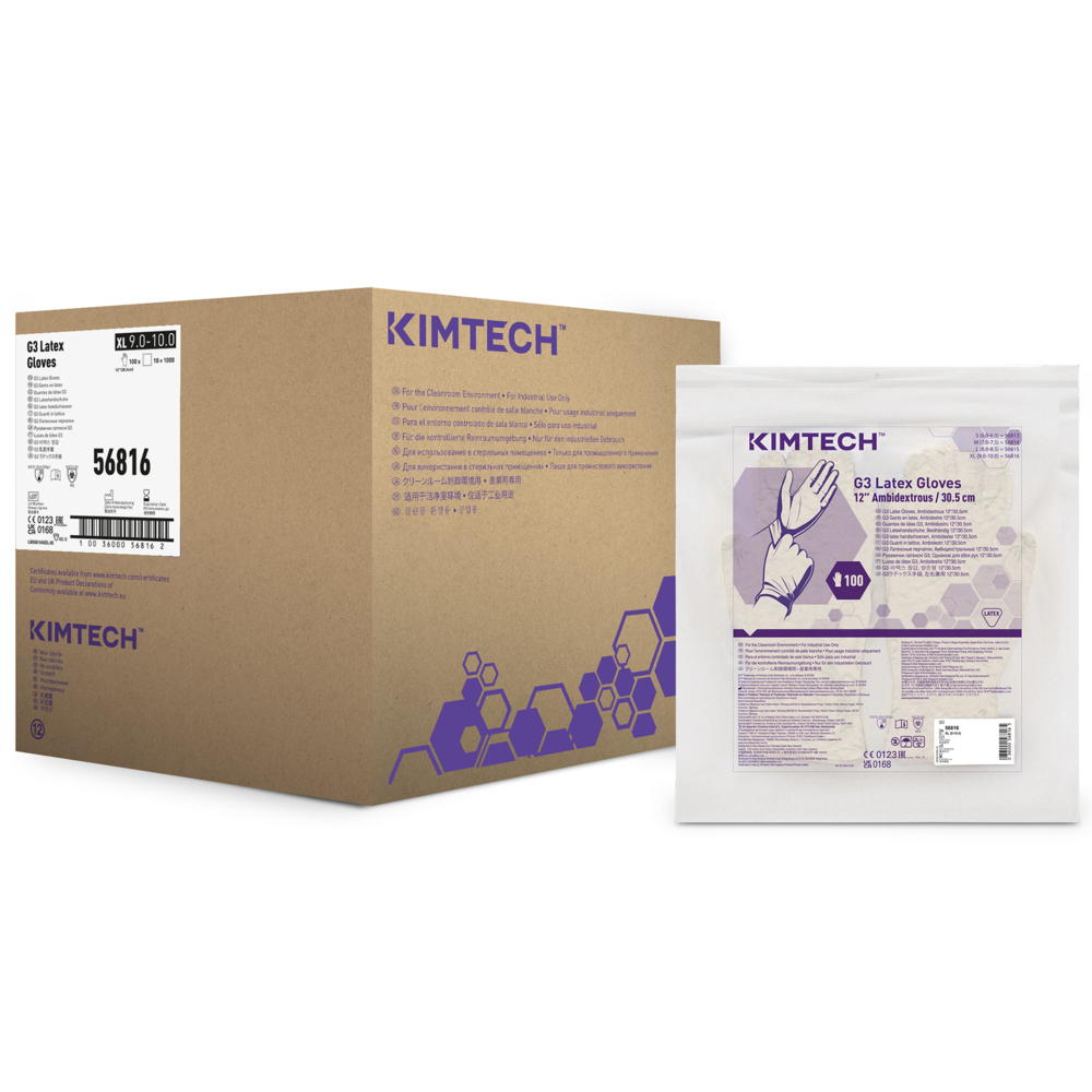 Gants ambidextres en latex Kimtech™ G3 56816 (anciennement HC555) - Couleur naturelle, XL, 10 sachets de 100 gants (1 000 gants), longueur 30,5 cm - 56816