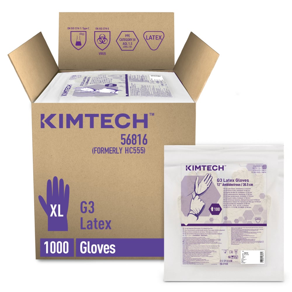 Gants ambidextres en latex Kimtech™ G3 56816 (anciennement HC555) - Couleur naturelle, XL, 10 sachets de 100 gants (1 000 gants), longueur 30,5 cm - 56816