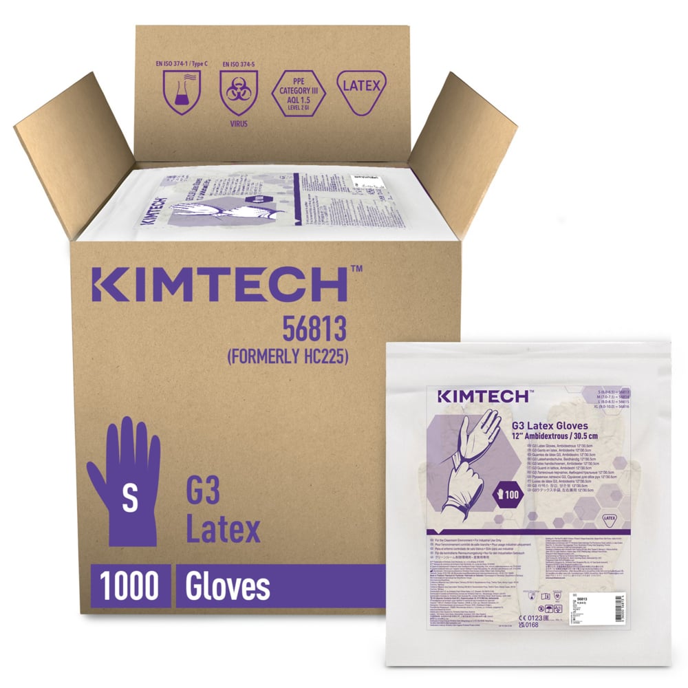 Gants ambidextres en latex Kimtech™ G3 56813 (anciennement HC225) - Couleur naturelle, S, 10 sachets de 100 gants (1 000 gants), longueur 30,5 cm - 56813