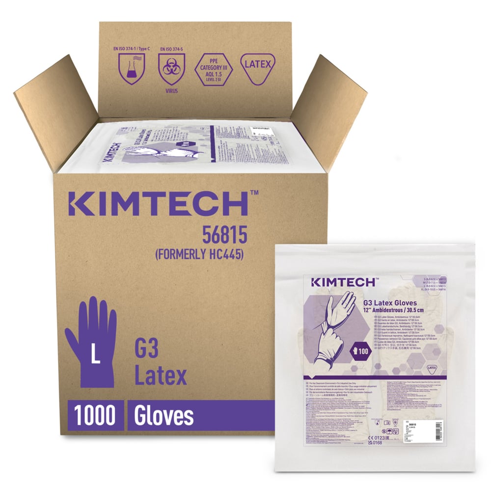 Gants ambidextres en latex Kimtech™ G3 56815 (anciennement HC445) - Couleur naturelle, L, 10 sachets de 100 gants (1 000 gants), longueur 30,5 cm - 56815