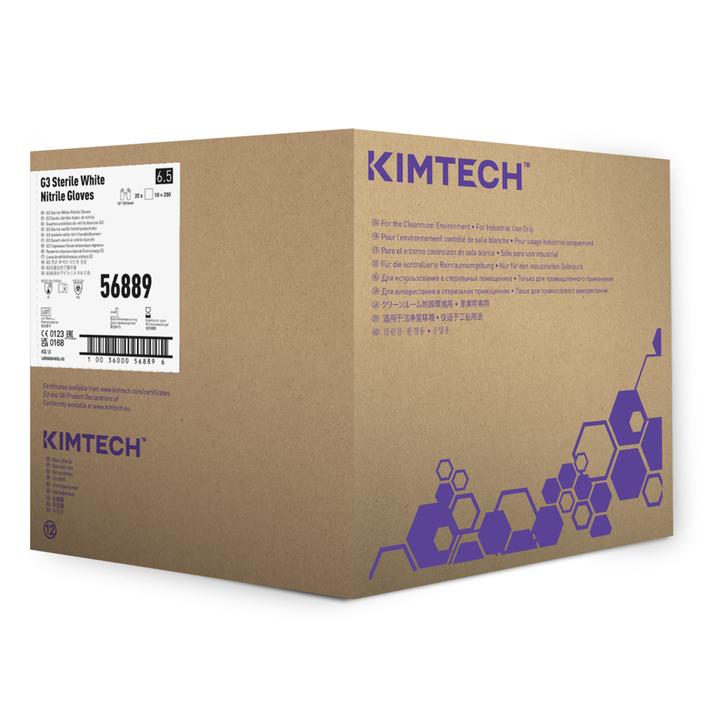 Kimtech™ G3 Sterile White Nitrile Hand Specific Gloves 56889 (Formerly HC61165) - White, Size 6.5, 10 bags x 20 pairs (200 pairs / 400 gloves), length 30.5 cm - 56889