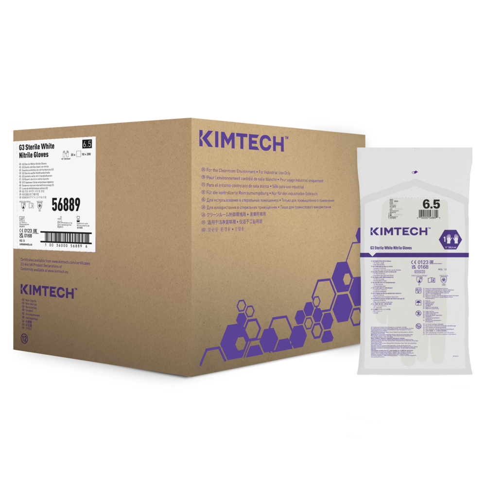 Kimtech™ G3 Sterile White Nitrile Hand Specific Gloves 56889 (Formerly HC61165) - White, Size 6.5, 10 bags x 20 pairs (200 pairs / 400 gloves), length 30.5 cm - 56889