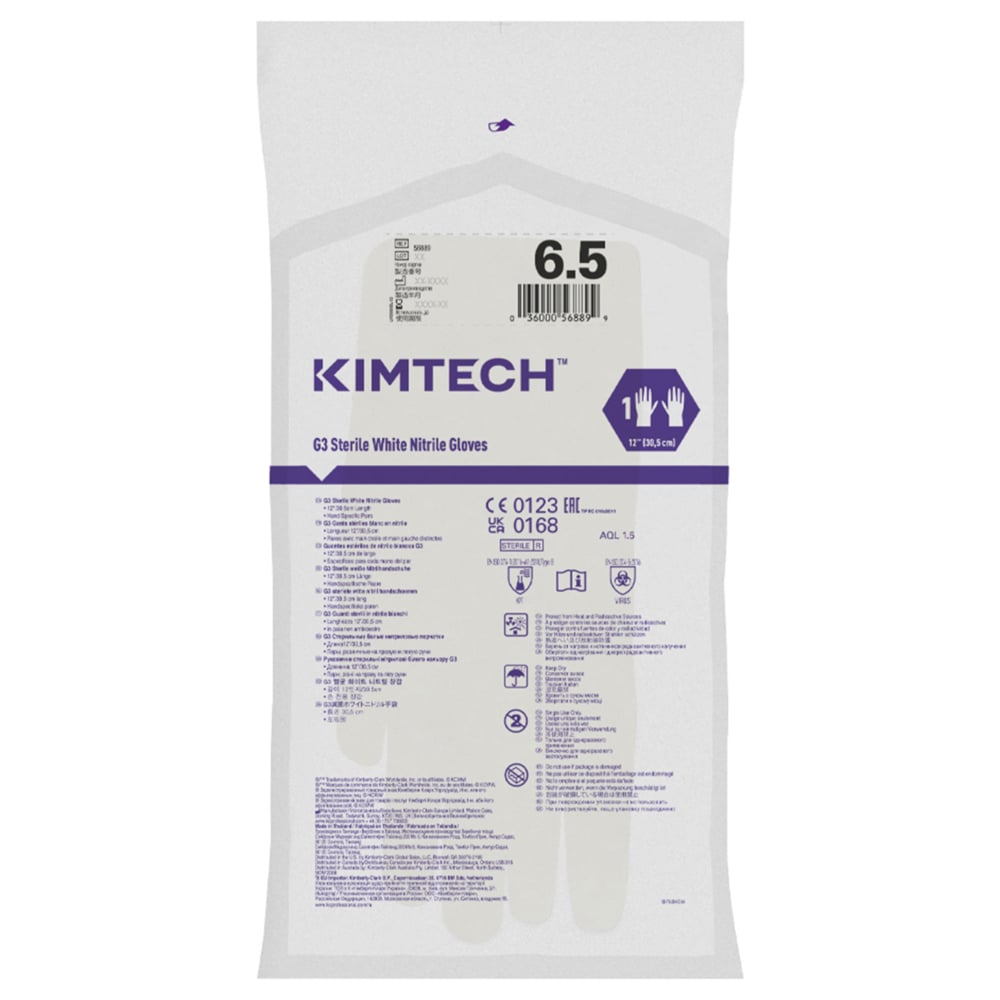 Kimtech™ G3 Sterile White Nitrile Hand Specific Gloves 56888 (Formerly HC61160) - White, Size 6, 10 bags x 20 pairs (200 pairs / 400 gloves), length 30.5 cm - 56888