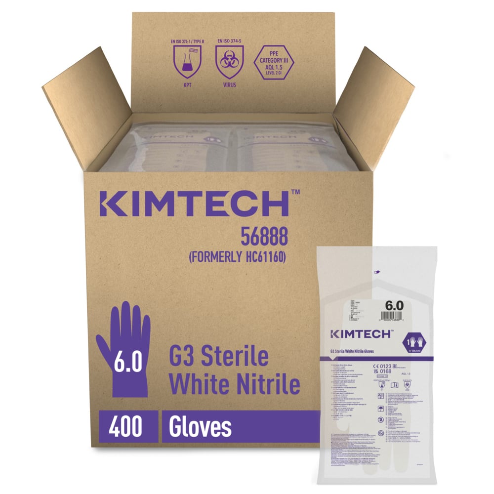 Gants de forme anatomique stériles en nitrile blanc Kimtech™ G3 56888 (anciennement HC61160) - Blanc, taille 6, 10 sachets de 20 paires (200 paires / 400 gants), longueur 30,5 cm - 56888