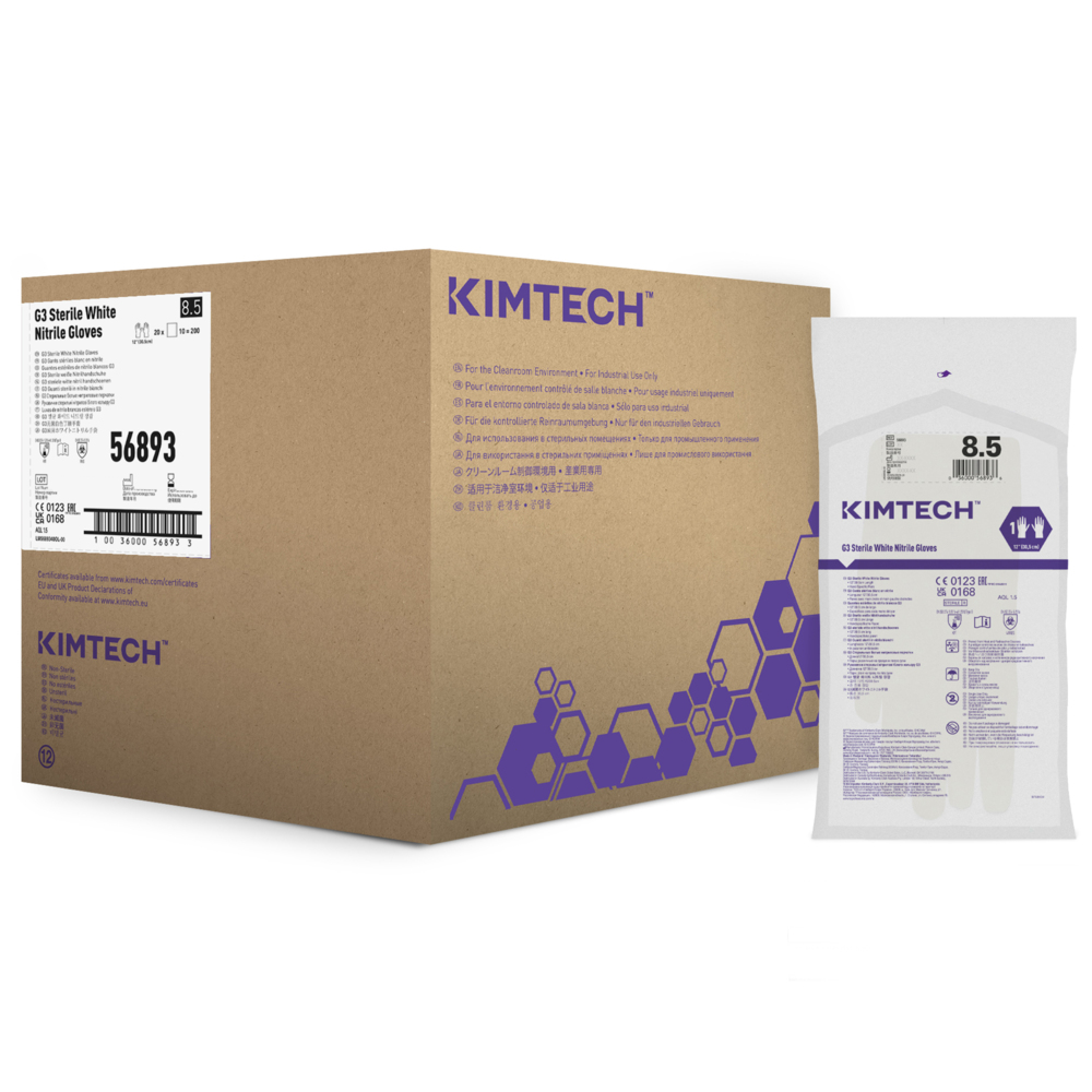 Kimtech™ G3 Sterile White Nitrile Hand Specific Gloves 56893 (Formerly HC61185) - White, Size 8.5, 10 bags x 20 pairs (200 pairs / 400 gloves), length 30.5 cm - 56893