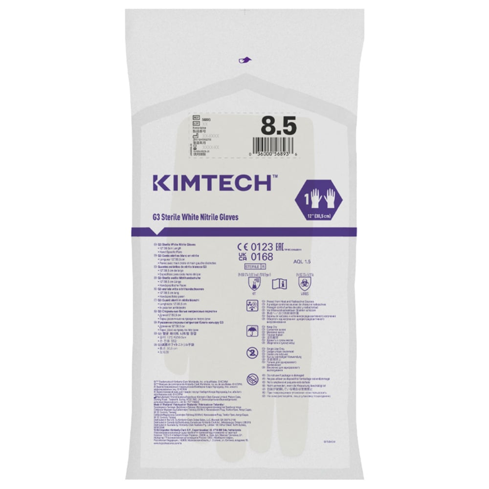 Gants de forme anatomique stériles en nitrile blanc Kimtech™ G3 56893 (anciennement HC61185) - Blanc, taille 8,5, 10 sachets de 20 paires (200 paires / 400 gants), longueur 30,5 cm - 56893