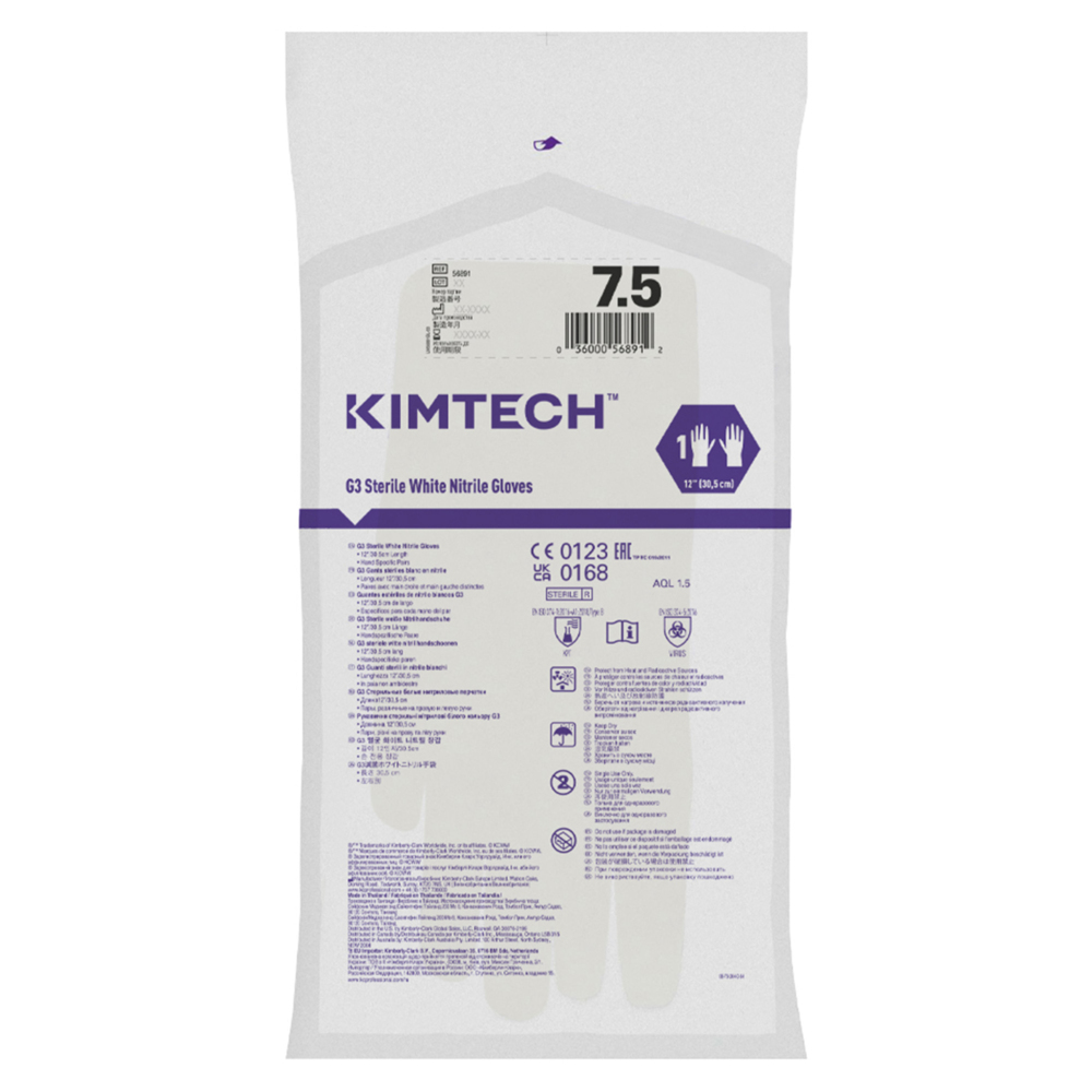 Gants de forme anatomique stériles en nitrile blanc Kimtech™ G3 56891 (anciennement HC61175) - Blanc, taille 7,5, 10 sachets de 20 paires (200 paires / 400 gants), longueur 30,5 cm - 56891