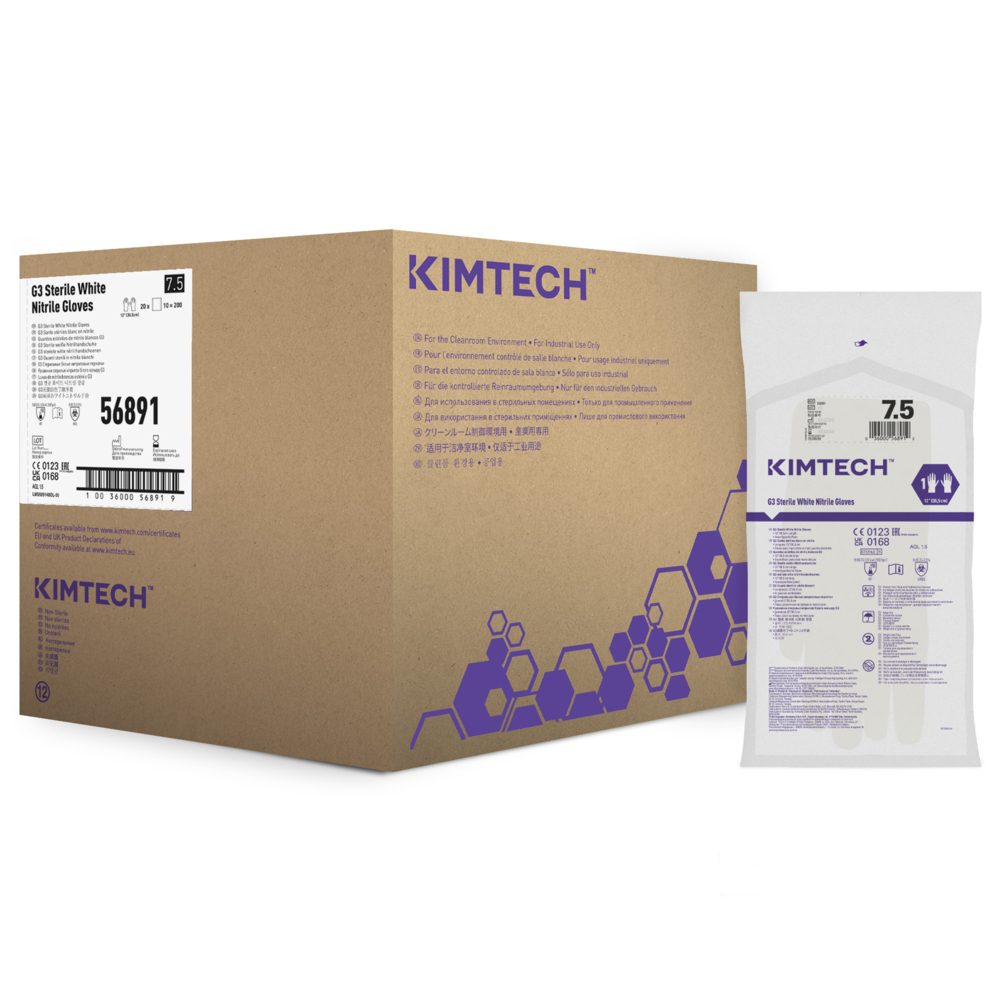 Gants de forme anatomique stériles en nitrile blanc Kimtech™ G3 56891 (anciennement HC61175) - Blanc, taille 7,5, 10 sachets de 20 paires (200 paires / 400 gants), longueur 30,5 cm - 56891