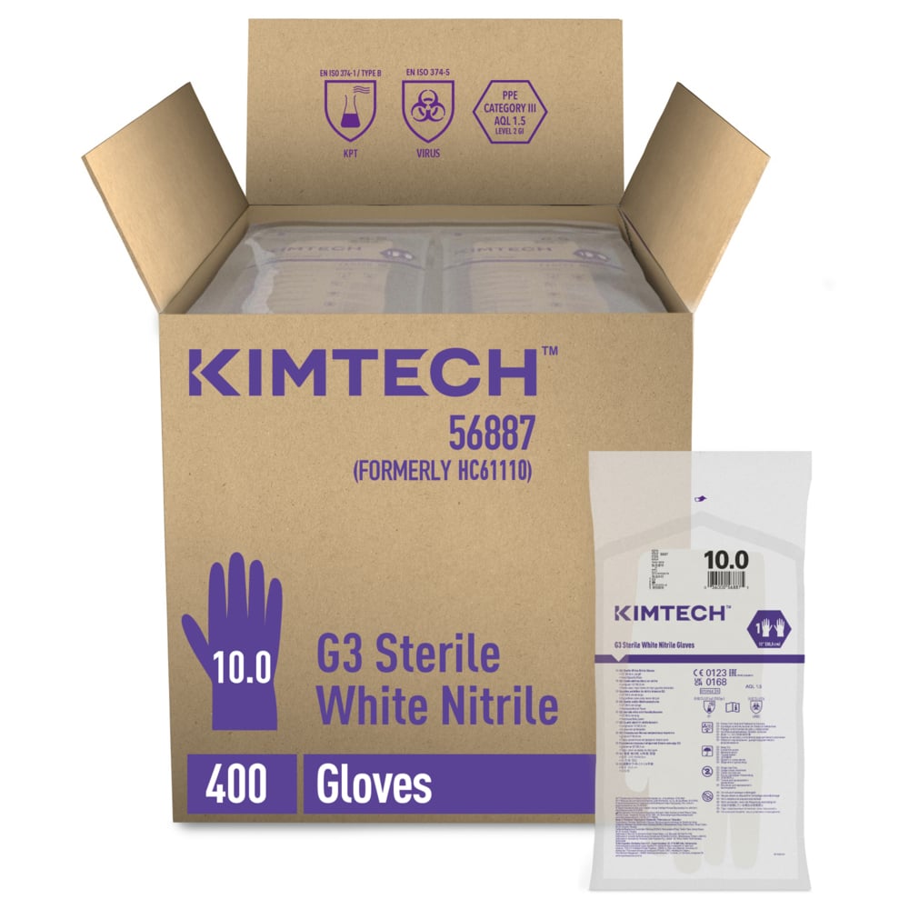 Kimtech™ G3 Sterile White Nitrile Hand Specific Gloves 56887 (Formerly HC61110) - White, Size 10, 10 bags x 20 pairs (200 pairs / 400 gloves), length 30.5 cm - 56887