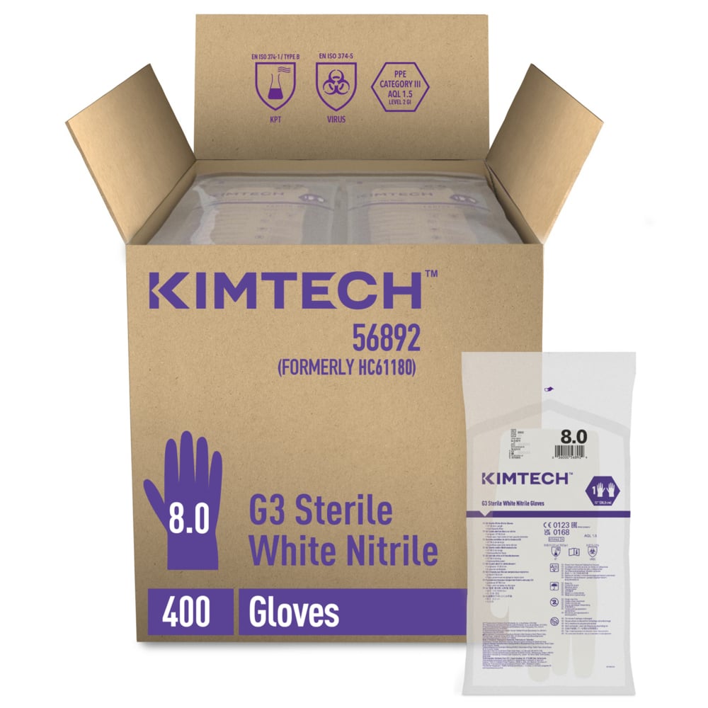 Kimtech™ G3 Sterile White Nitrile Hand Specific Gloves 56892 (Formerly HC61180) - White, Size 8, 10 bags x 20 pairs (200 pairs / 400 gloves), length 30.5 cm - 56892