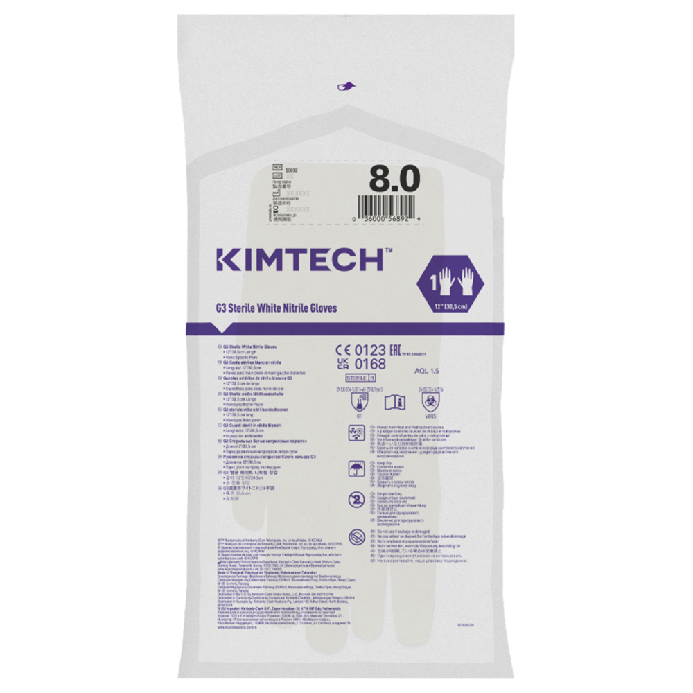Gants de forme anatomique stériles en nitrile blanc Kimtech™ G3 56892 (anciennement HC61180) - Blanc, taille 8, 10 sachets de 20 paires (200 paires / 400 gants), longueur 30,5 cm - 56892