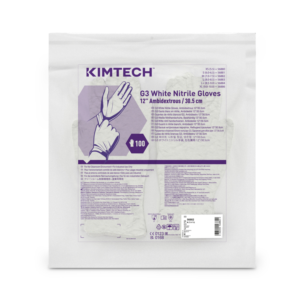 Gants ambidextres blancs en nitrile Kimtech™ G3 56882 (anciennement HC61012) - Blanc, M, 10 sachets de 100 gants (1 000 gants), longueur 30,5 cm - 56882