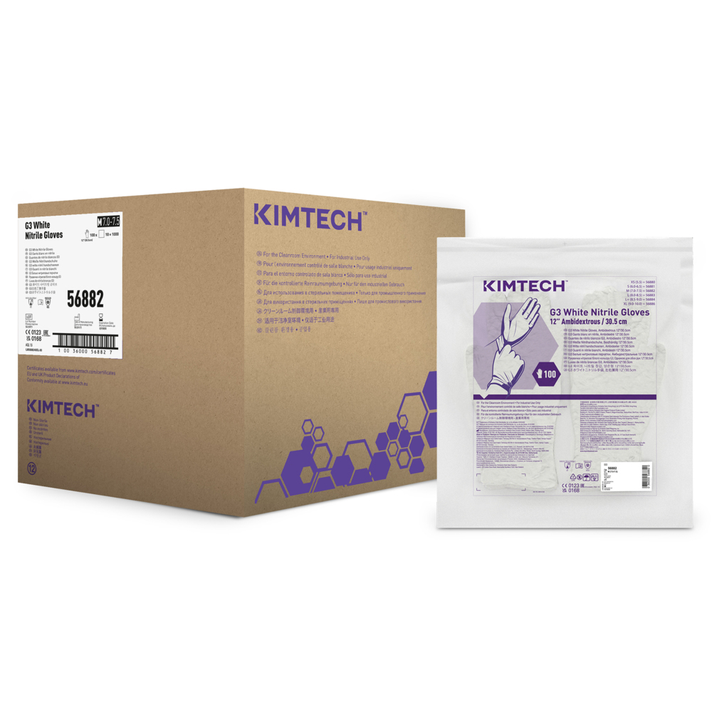 Kimtech™ G3 White Nitrile Ambidextrous Gloves 56882 (Formerly HC61012) - White, M, 10 bags x 100 gloves (1,000 gloves), length 30.5 cm - 56882