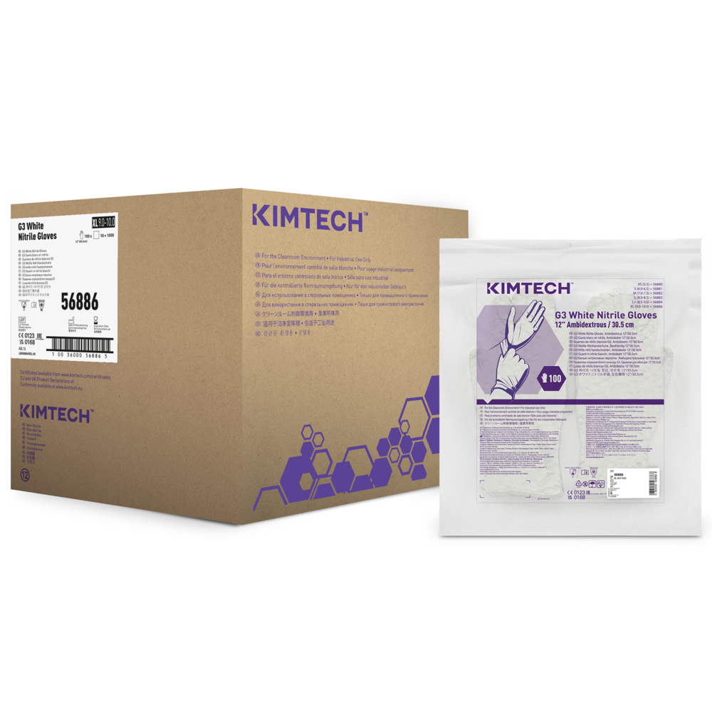 Kimtech™ G3 White Nitrile Ambidextrous Gloves 56886 (Formerly HC61014) - White, XL 10 bags x 100 gloves (1,000 gloves), length 30.5 cm - 56886