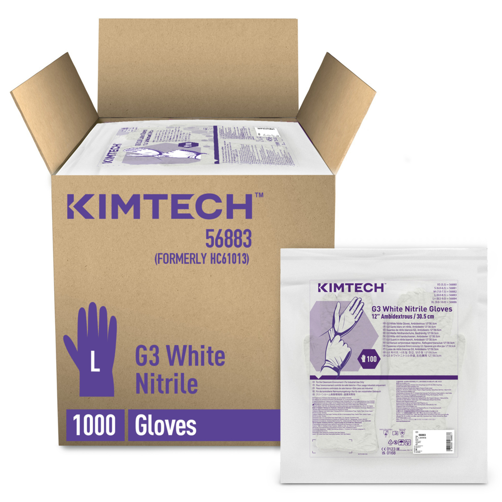 Gants ambidextres blancs en nitrile Kimtech™ G3 56883 (anciennement HC61013) - Blanc, L, 10 sachets de 100 gants (1 000 gants), longueur 30,5 cm - 56883